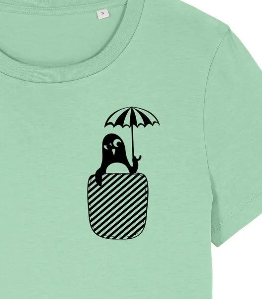 päfjes päfjes Pinguin Paul mit Schirm - Fair Bio Vegan - Frauen T-Shirt, Grün (jade), – Produktbild 3 von 4