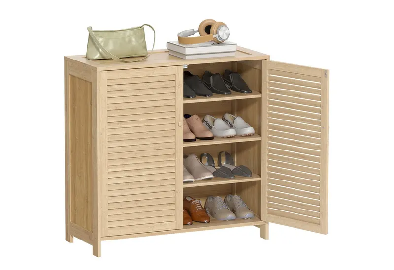 HOMCOM HOMCOM Schuhschrank aus Bambus mit verstellbaren Einlegeböden (Set, 1-St., 1er Set) für ca. 14 Paar Schuhe, Lamellentüren, Beige, – Produktbild 2 von 5