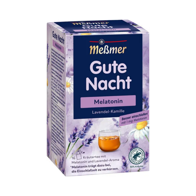 Meßmer Meßmer Gute Nacht Lavendel Kamille, Melatonin, Kräutertee, Teebeutel im Kuvert, 2. Entnahmefach/displaytauglich, 32g – Produktbild 1 von 1
