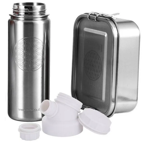 JN JuNiki's JN JuNiki's Set "Blume des Lebens": Lunchbox + 550ml isolierte Edelstahltrinkflasche, Weiß, – Produktbild 1 von 4