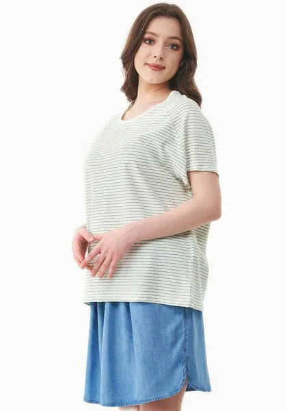 ORGANICATION ORGANICATION Gestreiftes T-Shirt aus Bio-Baumwolle und Leinen, Off white/matcha green, – Produktbild 4 von 4
