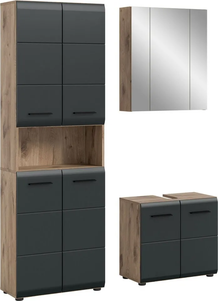 welltime Badmöbel-Set FLORENZ, 3-teilige Badkombination, hochwertige MDF-Front, (Set, 3-St., best. aus: 1 Hochschrank, 1Waschbeckenunterschrank, 1 Spiegelschrank), Bad-Kombination, Bad-Möbel, Badezimmer, Kombination, Kombi, Schwarz, – Produktbild 2 von 5