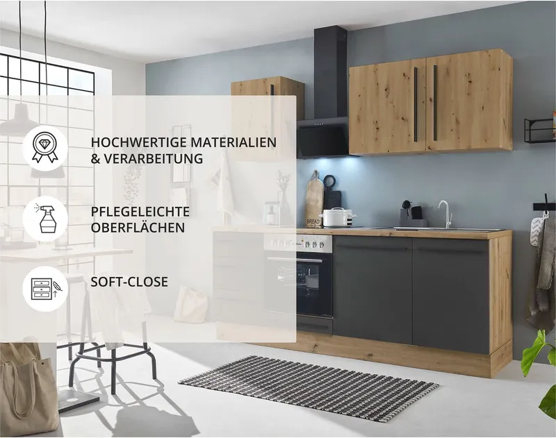 KOCHSTATION Küchenzeile KS-Florida mit 38mm starker Arbeitsplatte, Breite 220 cm, wahlweise mit E-Geräten, Soft-Close-Funktion, Schwarz, – Produktbild 3 von 5