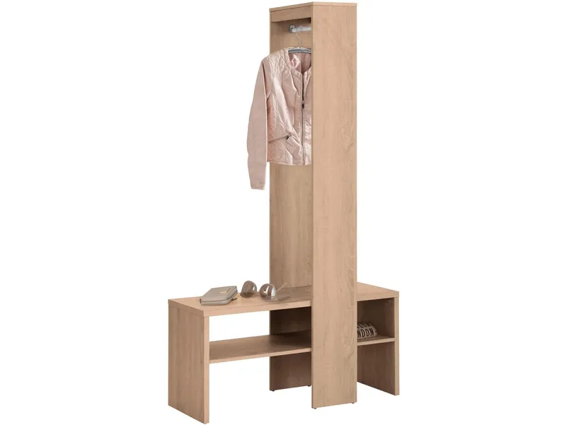 loft24 Kompaktgarderobe Henry - Garderobe Kleiderschrank Dielenschrank Schrank Garderobe mit Kleiderstange und Schuhbank, Eichenoptik, Landhausstil, Beige, – Produktbild 2 von 5