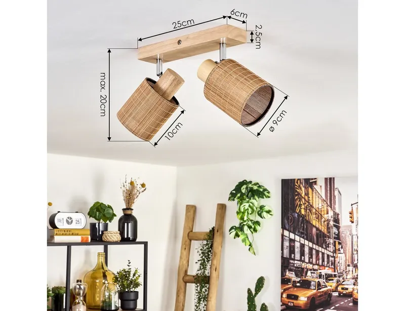hofstein Deckenleuchte Deckenlampe aus Holz/Metall/Bambus in Naturfarben/Chromfarben/Braun, ohne Leuchtmittel, mit verstellbaren Strahlern, 2 x E14, ohne Leuchtmittel, Beige, – Produktbild 4 von 5
