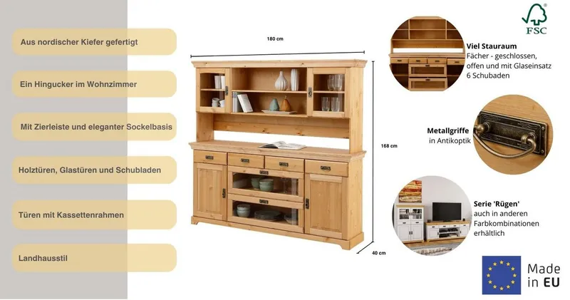 OTTO home Buffet Rügen FSC® zertifiziertes Massivholz, im Landhausstil, Beige, – Produktbild 3 von 5