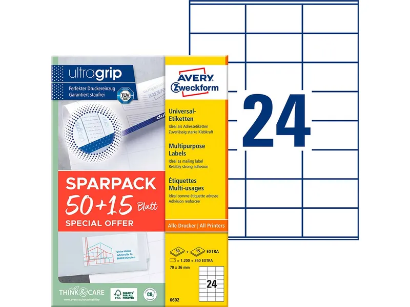 Avery Zweckform Avery Zweckform 1.560 Universaletiketten "6602" 50+15 Blatt, 70 x 36 mm – Produktbild 2 von 3