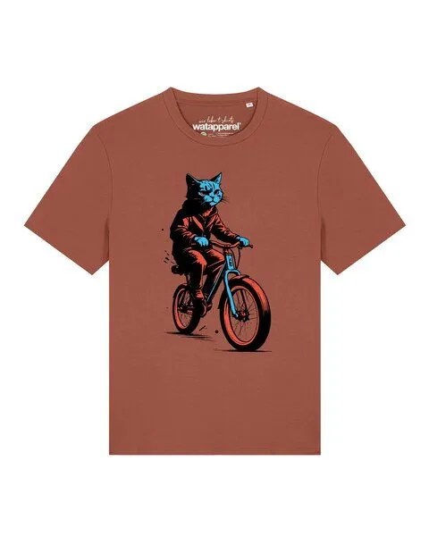 watapparel watapparel T-Shirt Unisex Katze auf Fahrrad, Heritage brown, – Produktbild 1 von 2