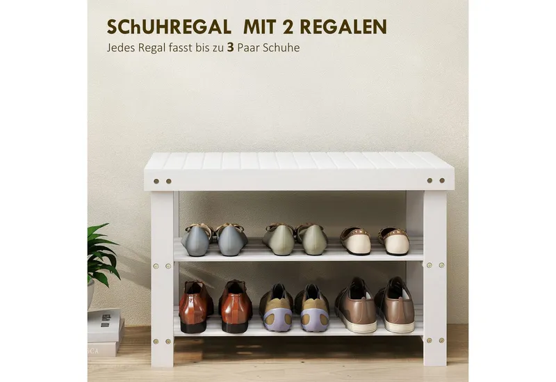 HOMCOM HOMCOM Schuhbank Sitzfläche und Stauraum, 2 Ablagen Flurbank für Wohnzimmer (Schuhregal aus Bambus, 1-St., Sitzbank), für Flur, Eingangsbereich, 70 x 28 x 45 cm, Weiß, – Produktbild 4 von 5