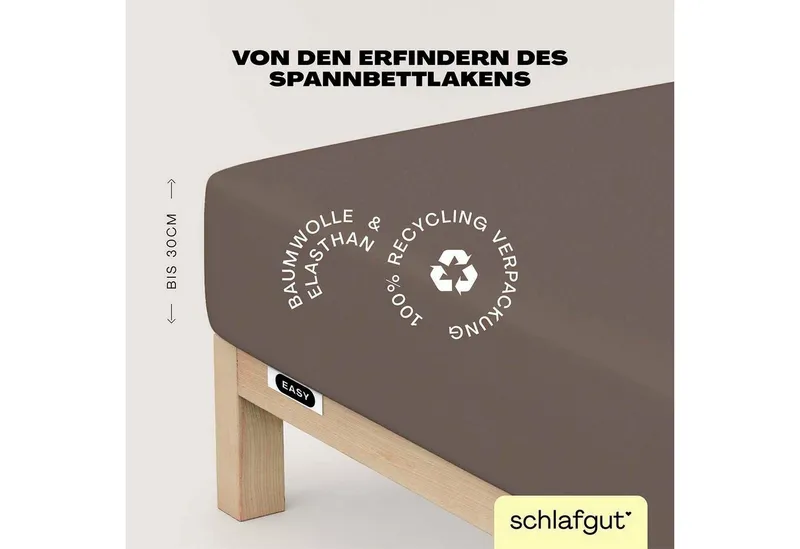 Schlafgut Schlafgut Spannbettlaken EASY JERSEY ELASTHAN Bettlaken, 170 g/m², 95% Baumwolle, 5% Elasthan, Jersey, Gummizug: rundum, (1 Stück), Spannbettlaken bis 30 cm Höhe, bügelfrei, pflegeleicht, perfekter Sitz, Beige, – Produktbild 8 von 8
