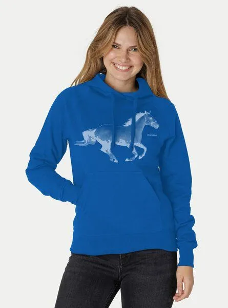 Peaces.bio - handbedruckte Biomode Peaces.bio - handbedruckte Biomode Bio-Damen-Kapuzensweater Horsepower, Königsblau, – Produktbild 2 von 2