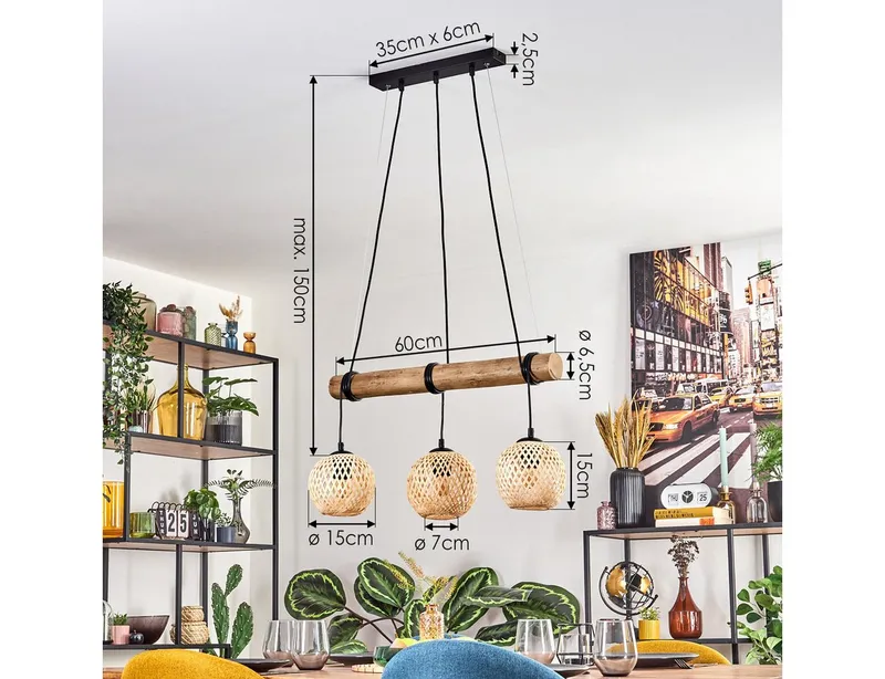 hofstein Pendelleuchte Hängelampe aus Metall/Holz/Bambus in Schwarz/Naturfarben, ohne Leuchtmittel, Hängeleuchte im Boho-Design mit Holzbalken, max 150 cm, 3 x E27, Beige, – Produktbild 4 von 5