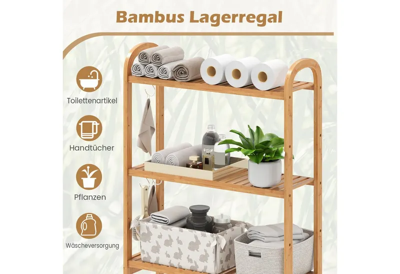 COSTWAY COSTWAY Badregal, 3-stufiger Toilettenregal aus Bambus, mit 3 Haken – Produktbild 3 von 5