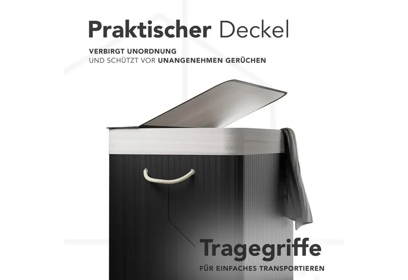 NewHabitat Wäschekorb Bambus Wäschekorb 3 Fächer, 150L Wäschesammler mit Deckel & Sack, Schwarz, – Produktbild 3 von 5