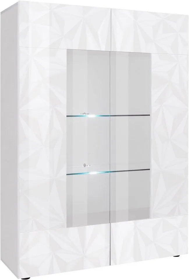 Home affaire Vitrine Prisma Höhe 166 cm, Breite 121 cm, Stauraumvitrine mit 2 Türen, Standvitrine - Front mit elegantem Siebdruck, grifflos, viel Stauraum, Grau|weiß, – Produktbild 3 von 5