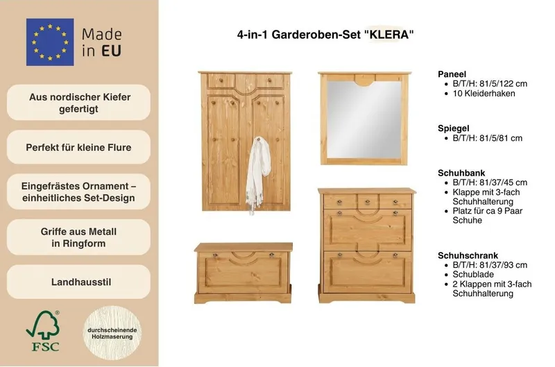 OTTO home Garderoben-Set Klera, (Set, 4-St), 4-teilig, aus massiver Kiefer, FSC®-zertifiziert, Braun, – Produktbild 1 von 5