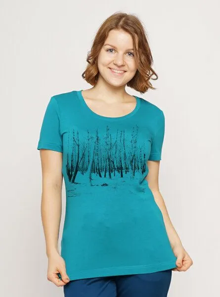 Peaces.bio - handbedruckte Biomode Peaces.bio - handbedruckte Biomode Lieber Wieder Shirt Woodland Damen, Türkis, – Produktbild 2 von 3