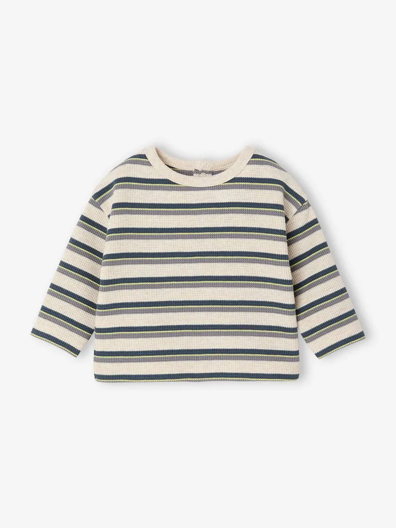 Vertbaudet Gestreiftes Shirt aus Waffelpikee Baby, Beige meliert, – Produktbild 1 von 2