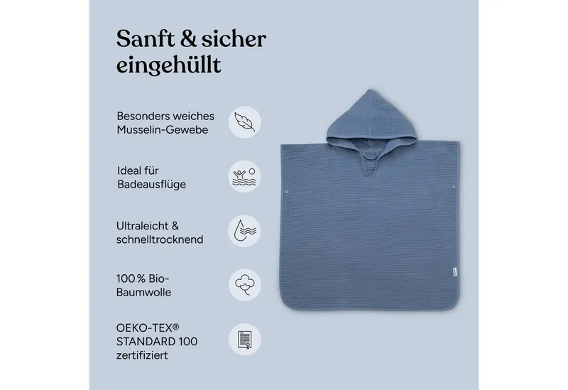 Ehrenkind Badeponcho Musselin, aus sanfter Bio-Baumwolle, 4-lagiges Musselin-Gewebe, Rosé, – Produktbild 3 von 5