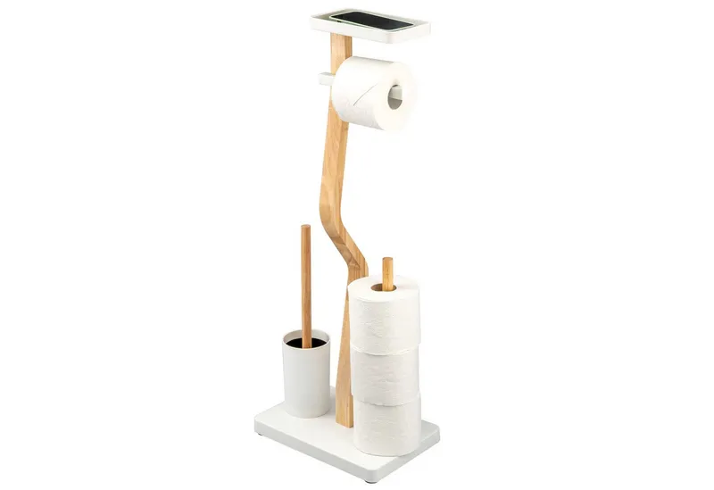 eluno WC-Garnitur freistehend, aus FSC-zertifiziertem Holz und weißem Metall, Weiß, – Produktbild 1 von 5