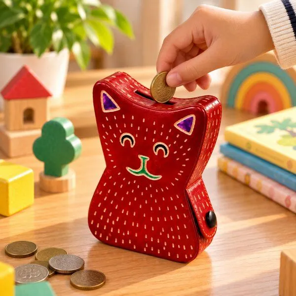 Janselo Katze Kinder-Spardose aus Shanti-Leder in Rot – Produktbild 3 von 4