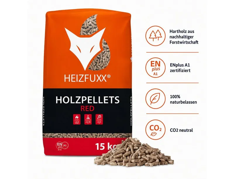 HEIZFUXX Holzpellets Red ENplus A1 Holzpellets Hartholz, 30 kg, (Paket, 2-St) – Produktbild 2 von 5