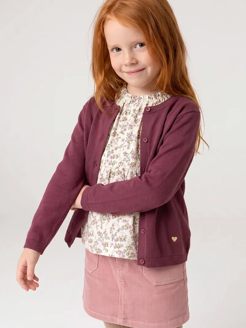 Vertbaudet Mädchen Strickjacke mit Glitzerherz BASIC, Pflaume, – Produktbild 1 von 3