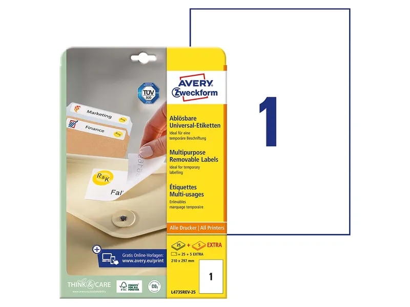 Avery Zweckform 25 Stick+Lift Etiketten 210 x 297 mm, A4 – Produktbild 2 von 4