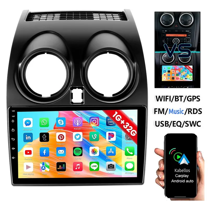 ESSGOO DAB+ Carplay Für Nissan Qashqai J10 2007-2015 GPS Navi Android 15 RDS Autoradio (4+64GB(optional), FM, AM, DAB+ (optional), Carplay Android Auto Bluetooth EQ USB GPS Navi WIFI Touchscreen), Schwarz, – Produktbild 2 von 5