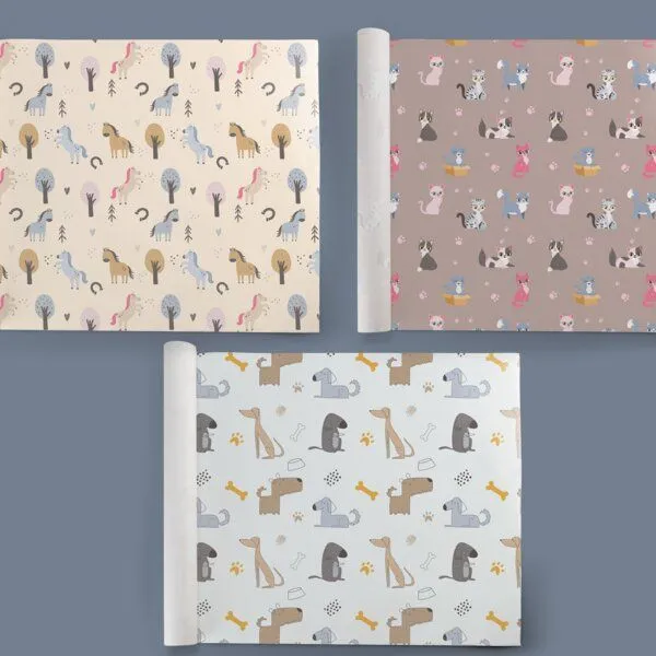 Fines Papeterie Fines Papeterie 3x 3m Geschenkpapier Set für Kinder TIERE SET 4 mit Hunden, Katzen, Pferden 3 Rollen je 300x47 cm – Produktbild 1 von 4