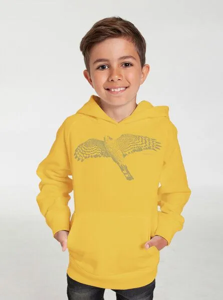 Peaces.bio - handbedruckte Biomode Peaces.bio - handbedruckte Biomode Bio-Kinder-Kapuzen-Sweatshirt "Sperber", Gelb, – Produktbild 2 von 2