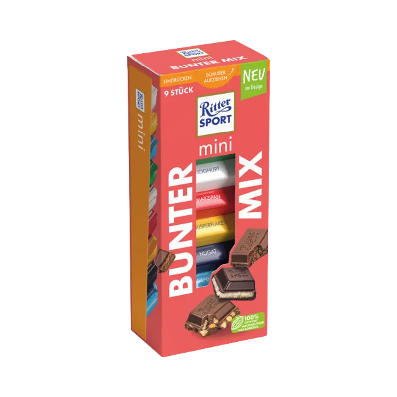 Ritter Sport Ritter Sport Mini Bunter Mix, 6 Sorten (Knusperflakes, Alpenmilch, Joghurt, Marzipan, Nugat, Haselnuss), 9 Stück, 150g – Produktbild 1 von 2
