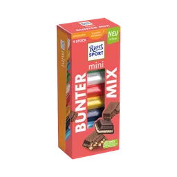 Ritter Sport Ritter Sport Mini Bunter Mix, 6 Sorten (Knusperflakes, Alpenmilch, Joghurt, Marzipan, Nugat, Haselnuss), 9 Stück, 150g – Produktbild 1 von 1