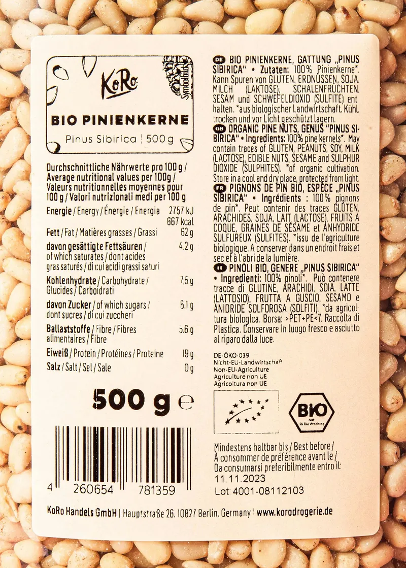 KoRo Bio Pinienkerne 500 g – Produktbild 3 von 5