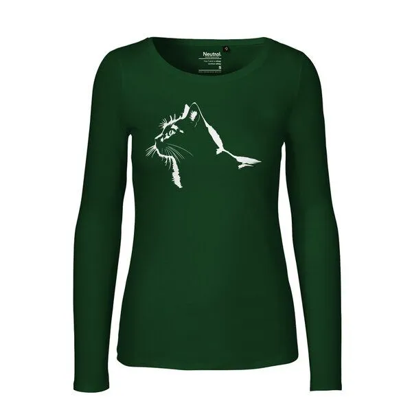 HANDGEDRUCKT HANDGEDRUCKT "Stubentiger" Frauen Longsleeve aus reiner Biobaumwolle (kbA), Bottle green, – Produktbild 1 von 2