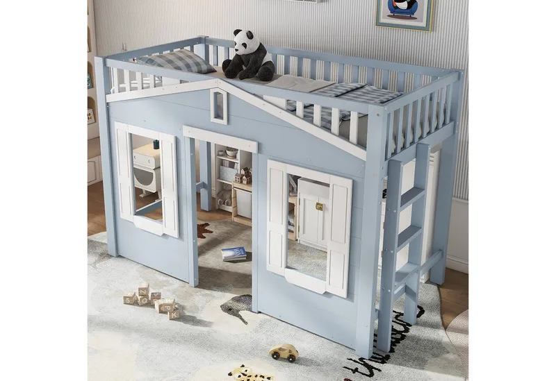 Merax Hochbett 90x200cm mit Rausfallschutz und Leiter (Jugendbett Kinderbett Einzelbett), Braun, – Produktbild 3 von 4
