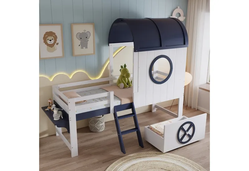 Merax Hochbett (Etagenbett Jugendbett Hausbett Einzelbett, 1-St., Kieferholz) Kinderbett 90x200cm mit Dach Fenster Schublade Schrägleiter Regal, Weiß, – Produktbild 3 von 5