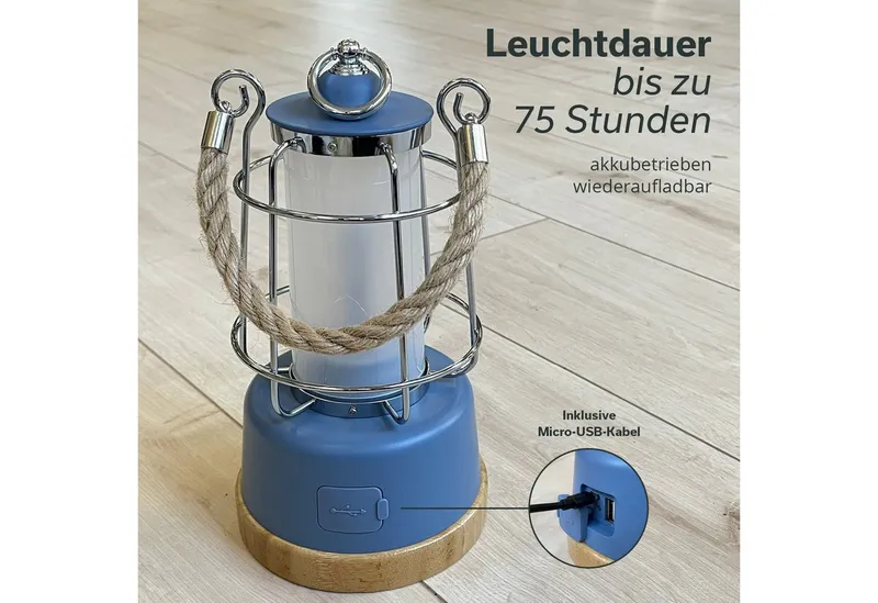 Skandika LED Gartenleuchte Campinglampe Kiruna aufladbar mit Powerbank 5000 mAh, USB, Retro Outdoor Lampe, stufenlos dimmbar, kabellos, 75h Leuchtzeit, Akku, Blau, – Produktbild 5 von 5
