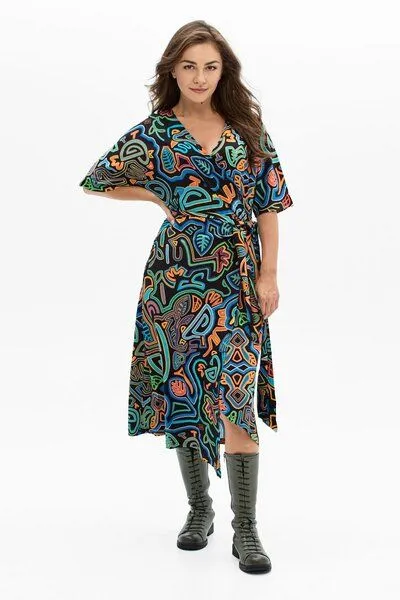 KOKOworld Kleid Maya – farbenfroh aus Viskose – Wickelausschnitt & Taillengürtel – Statement-Print – Fair in EU produziert – KOKOworld, Yala (mehrfarbig), – Produktbild 1 von 4