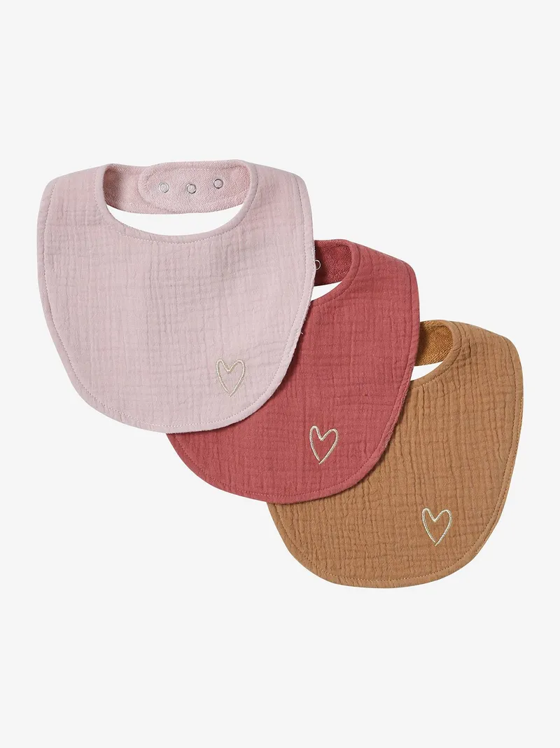 Vertbaudet 3er-Pack Baby Lätzchen aus Ftee/Musselin, Glitzerherz pack rosa, – Produktbild 1 von 3
