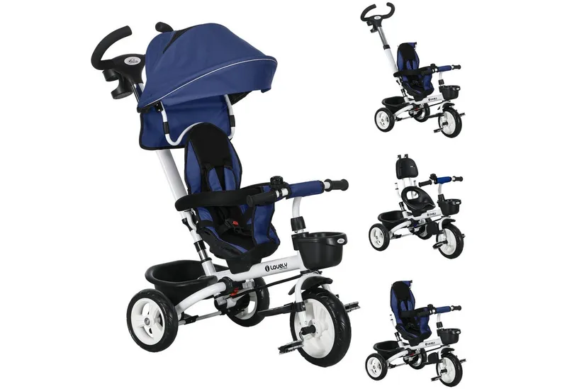 HOMCOM HOMCOM 6 in 1 Dreirad mit Schubstange, Kinderdreirad mit Sicherheitsgurt Blau – Produktbild 2 von 6