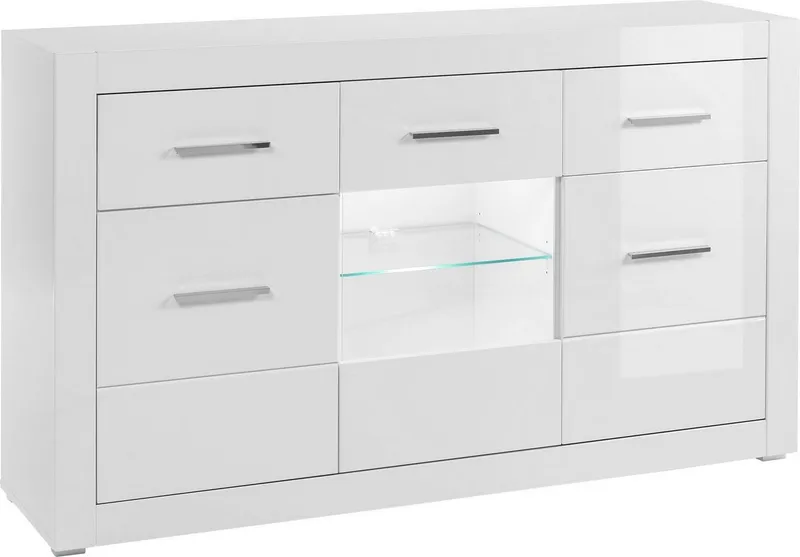 Home affaire Sideboard Bianco, moderner Schrank, Kommode in Weiß Hochglanz, silberne Metallgriffe, ausreichend Stauraum, zeitlos, 164 cm breit, Weiß, – Produktbild 1 von 5