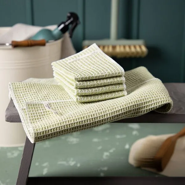 nahtur-design nahtur-design Putztücher-Set, Bodentuch + 4 Putzlappen aus Halbleinen Waffelpiquée, Hellgrün, – Produktbild 2 von 4