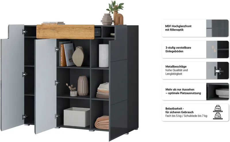 OTTO home Highboard Toledo,Breite 147,5 cm,trendige Hochkommode mit 3 Türen 1SK, Hochschrank mit viel Stauraum, stylische Hochglanzfronten, Schwarz, – Produktbild 4 von 5