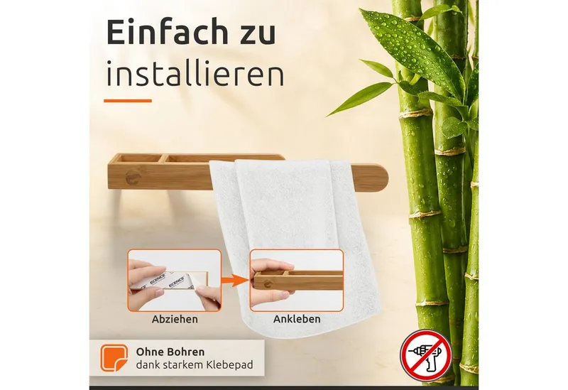 ECENCE Handtuchhalter Handtuchstange selbstklebend Holz Bambus ohne Bohren – Produktbild 5 von 5