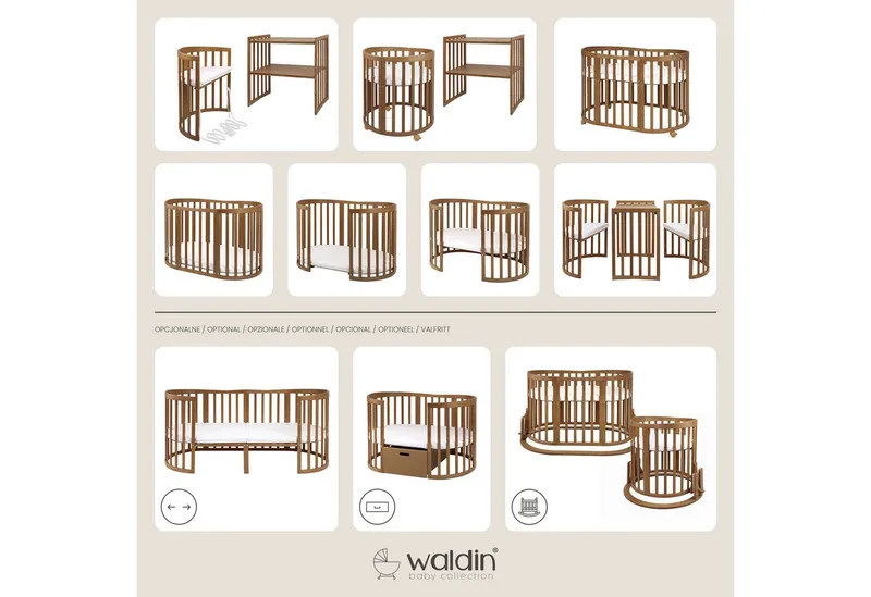 Waldin Waldin Babybett Oval 7in1 mitwachsend, Beistellbett, Matratze, Rollen, Buche, Vintage, Braun, – Produktbild 2 von 5