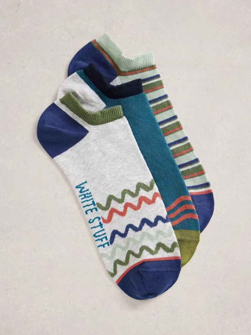 White Stuff 3er-Pack gemusterte Sneakersocken - 44-46, Blaugrün multi, – Produktbild 1 von 2