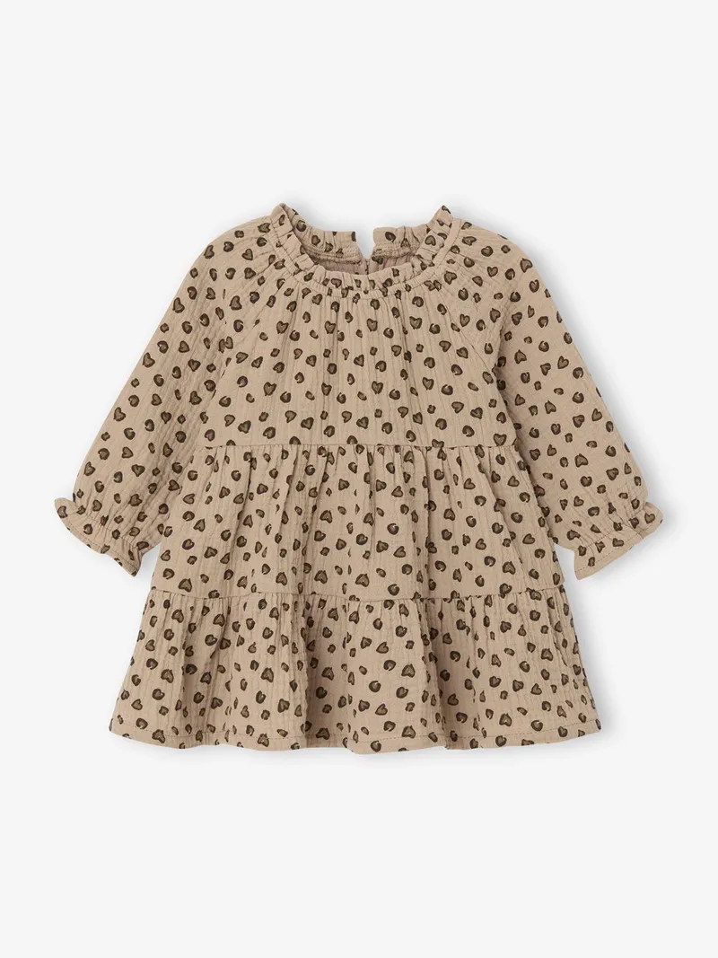 Vertbaudet Vertbaudet Mädchen Baby Volantkleid aus Baumwollmusselin leo, Taupe leo, – Produktbild 1 von 4