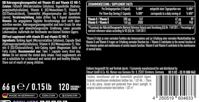 ESN ESN Vitamin D3+K2 120 Kapseln Cholecalciferol + MK-7 Kapseln, 66 g, Vitamin D3 & K2 mit Depot-Wirkung – Produktbild 1 von 2