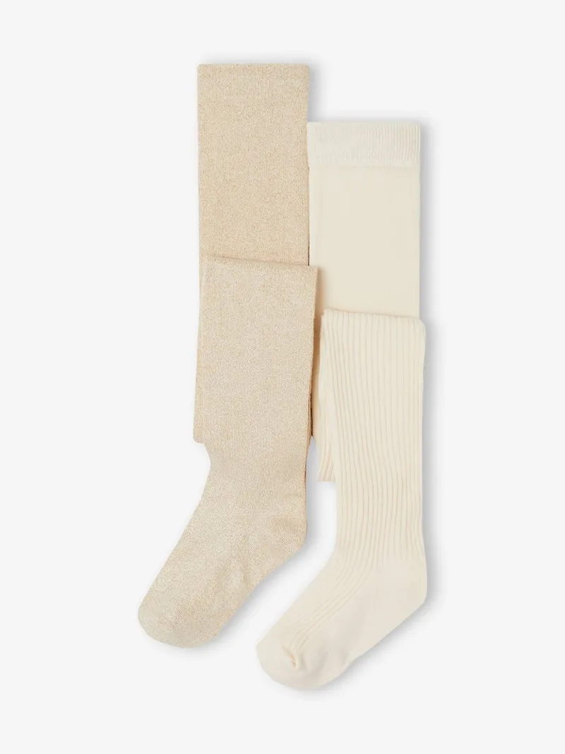 Vertbaudet Vertbaudet 2er-Pack Strumpfhosen Mädchen mit Glitzer-Ripp, Pack weiß+gold, – Produktbild 1 von 2